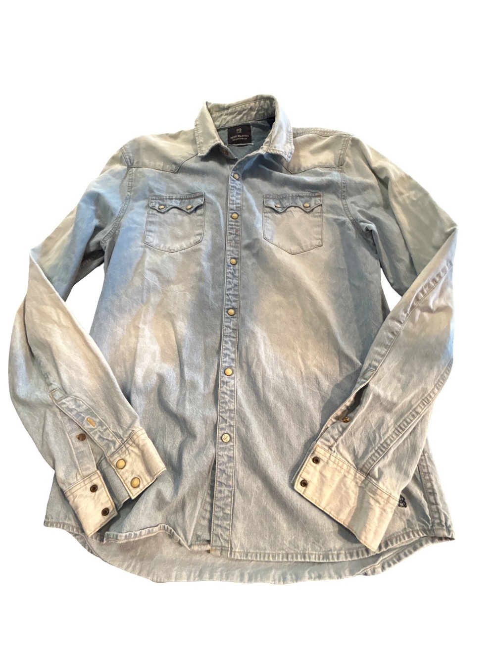 Scotch & Soda Amsterdams Blauw Denim Pearl Buttons Western Shirt Mens L Lt Wash